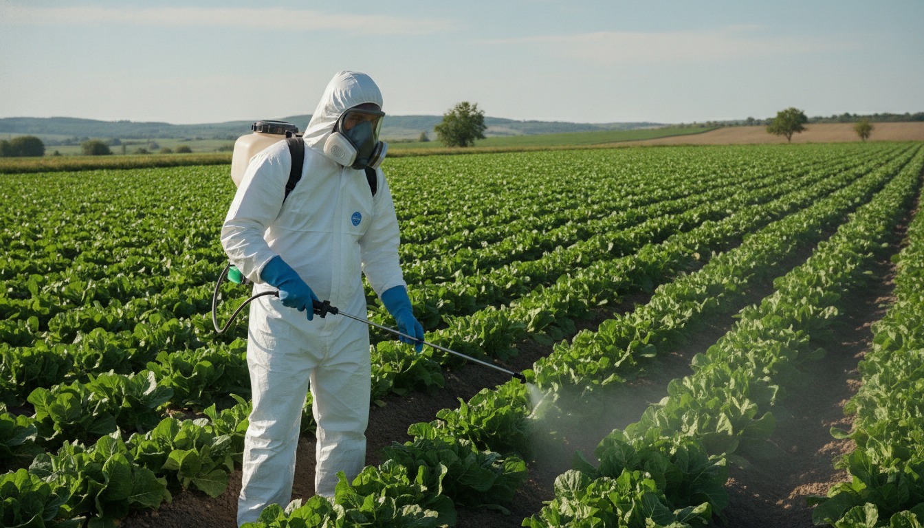 A farm worker in protective coveralls, gloves and a respirator spraying a row of green crops from a backpack sprayer in bright daylight